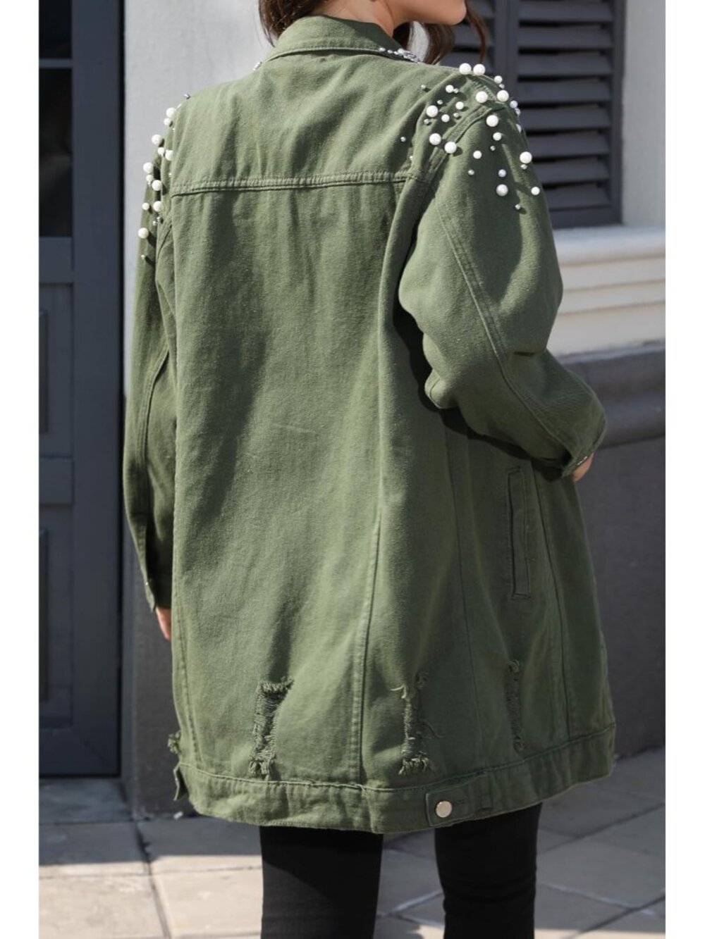 Women’s Green Long Sleeve Denim Jacket Pearl Button Down Imported Boyfriend Coat - Picture 4 of 6